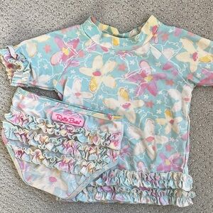 Ruffle Butts 3t girls swimsuit two piece Aqua and Cream Swimwear short sleeve